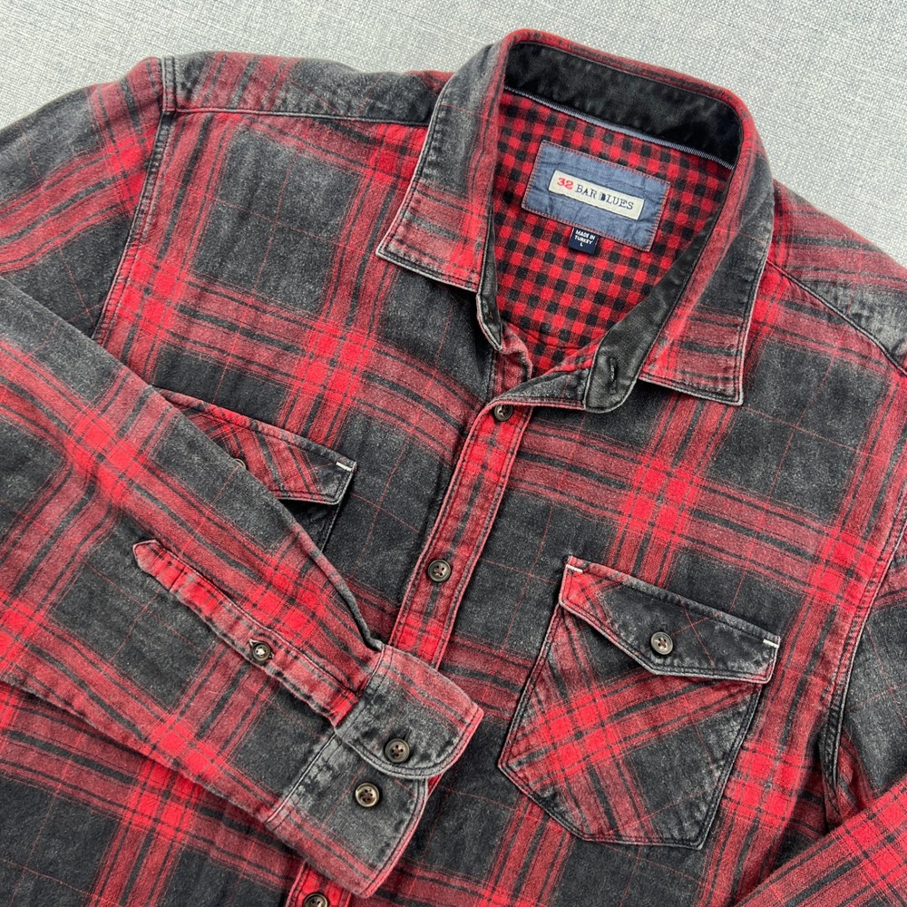 32 Bar Blues Flannel Shirt Mens L Red Black Plaid Acid Wash Cotton Double Layer